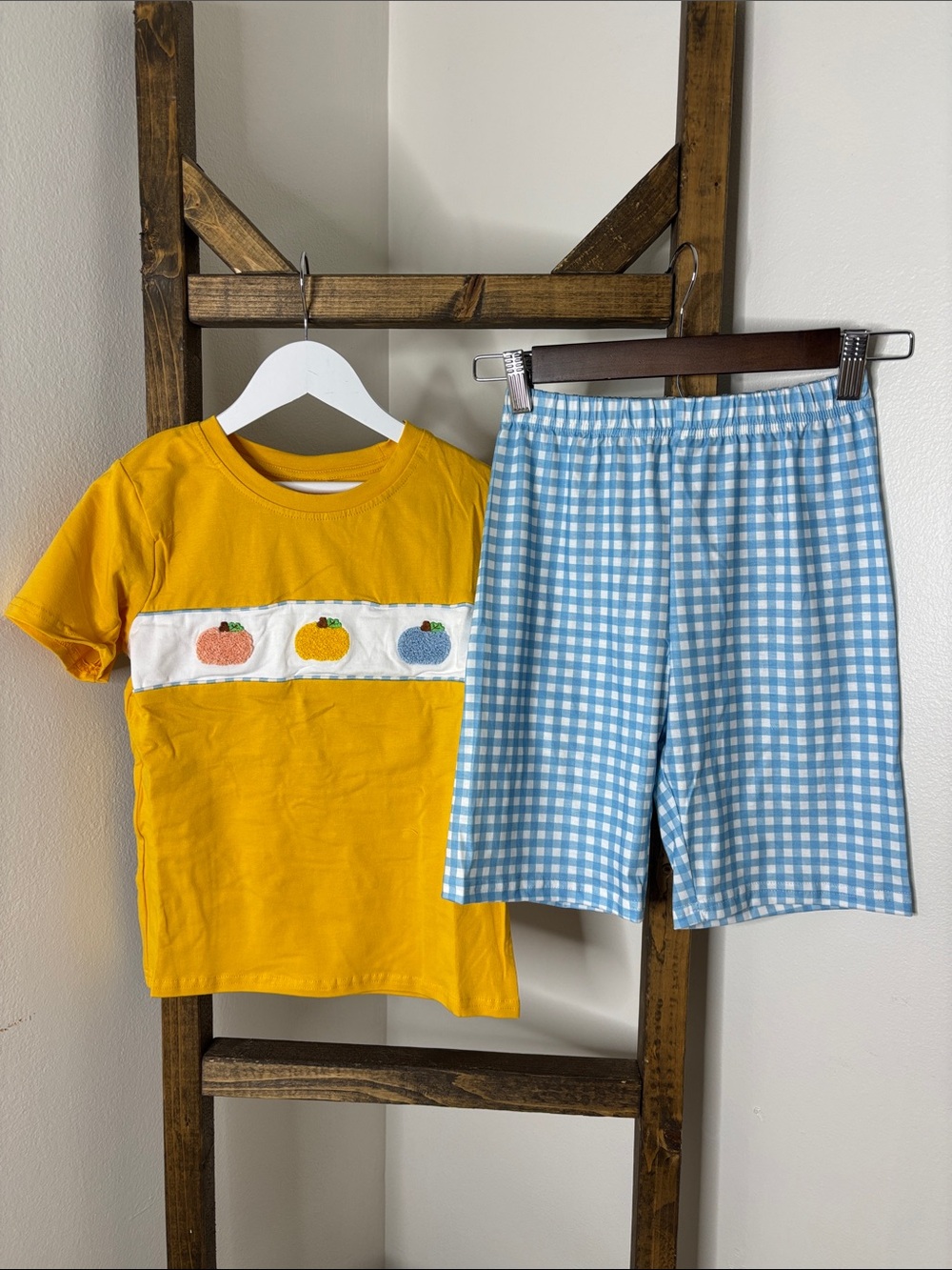 Kids Yellow Pumpkin Patch Set with Blue Gingham Shorts Size 7